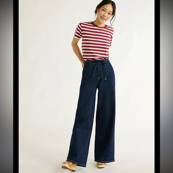 Free Assembly Denim - High-Rise Wide Leg Denim Jeans in Dark Blue with Tie Waist